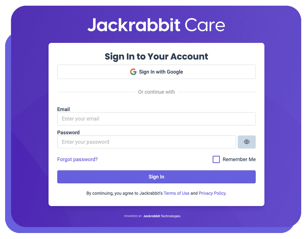 Jackrabbit Care purple login screen