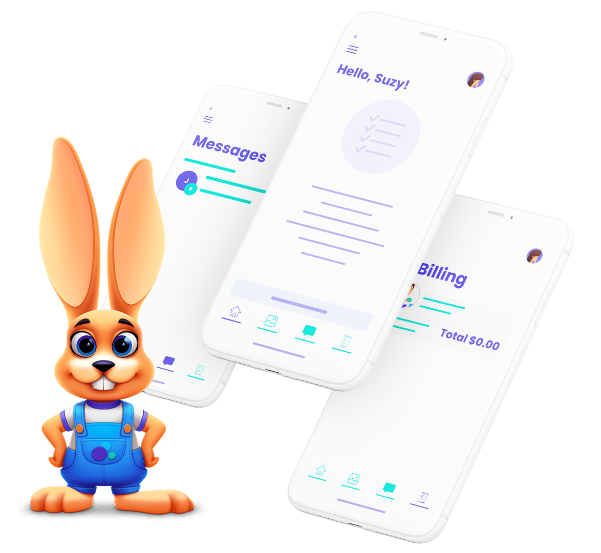 Jackrabbit Care multiple phone screens with mobile app